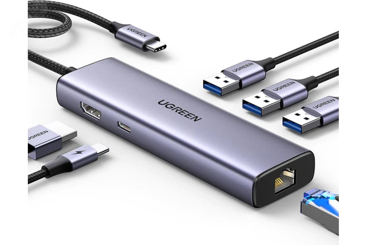 Изображение товара Хаб USB-C To 3xUSB 3.0 A+HDMI+RJ45+PD Converter, серый (шт)