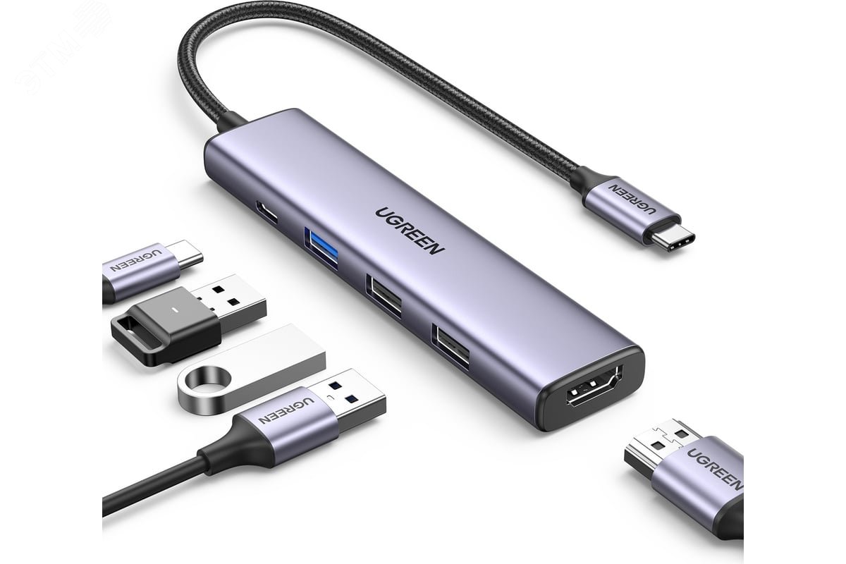 Изображение товара USB-C Хаб 5-в-1 с HDMI, USB 3.0, USB 2.0, Power Delivery, серебристый