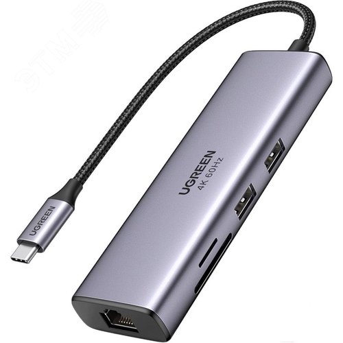 Изображение товара Хаб USB-C, 2xUSB 3.0, HDMI 4K60Hz, RJ45, SD/MicroSD, PD 100W, серый космос (шт)