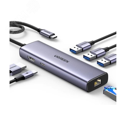 Изображение товара Хаб USB-C To 3xUSB 3.0 A+HDMI+RJ45+PD Converter, серый (шт)