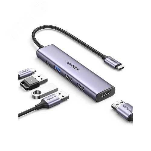 Изображение товара Хаб USB-C To HDMI, 1xUSB3.0 A, 2xUSB2.0 A, PD Power Converter, серебристый (шт)