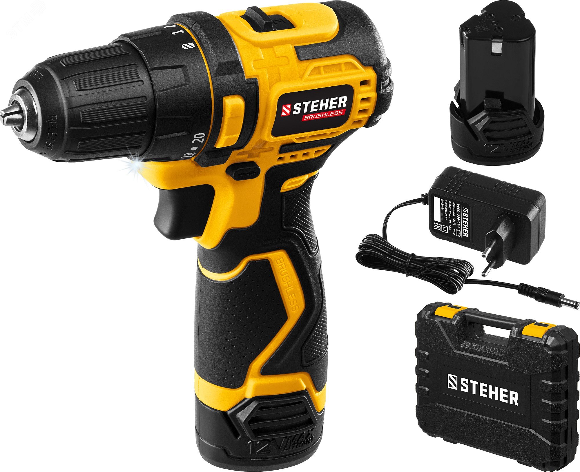 Изображение товара Дрель-шуруповерт бесщеточная 12 В с 2 АКБ и кейсом от Steher