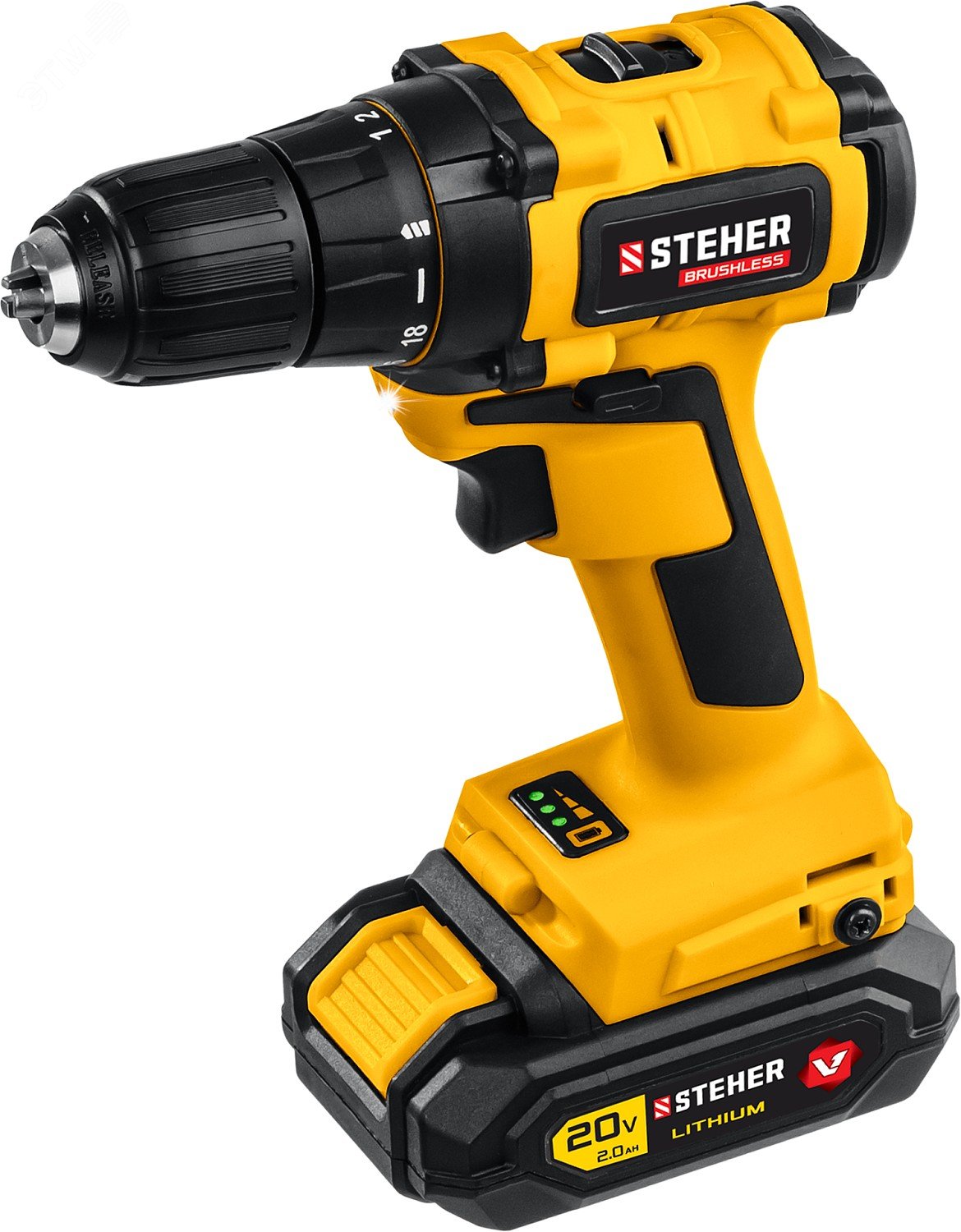 Изображение товара Дрель-шуруповерт бесщеточная 20 В с аккумулятором и кейсом Steher
