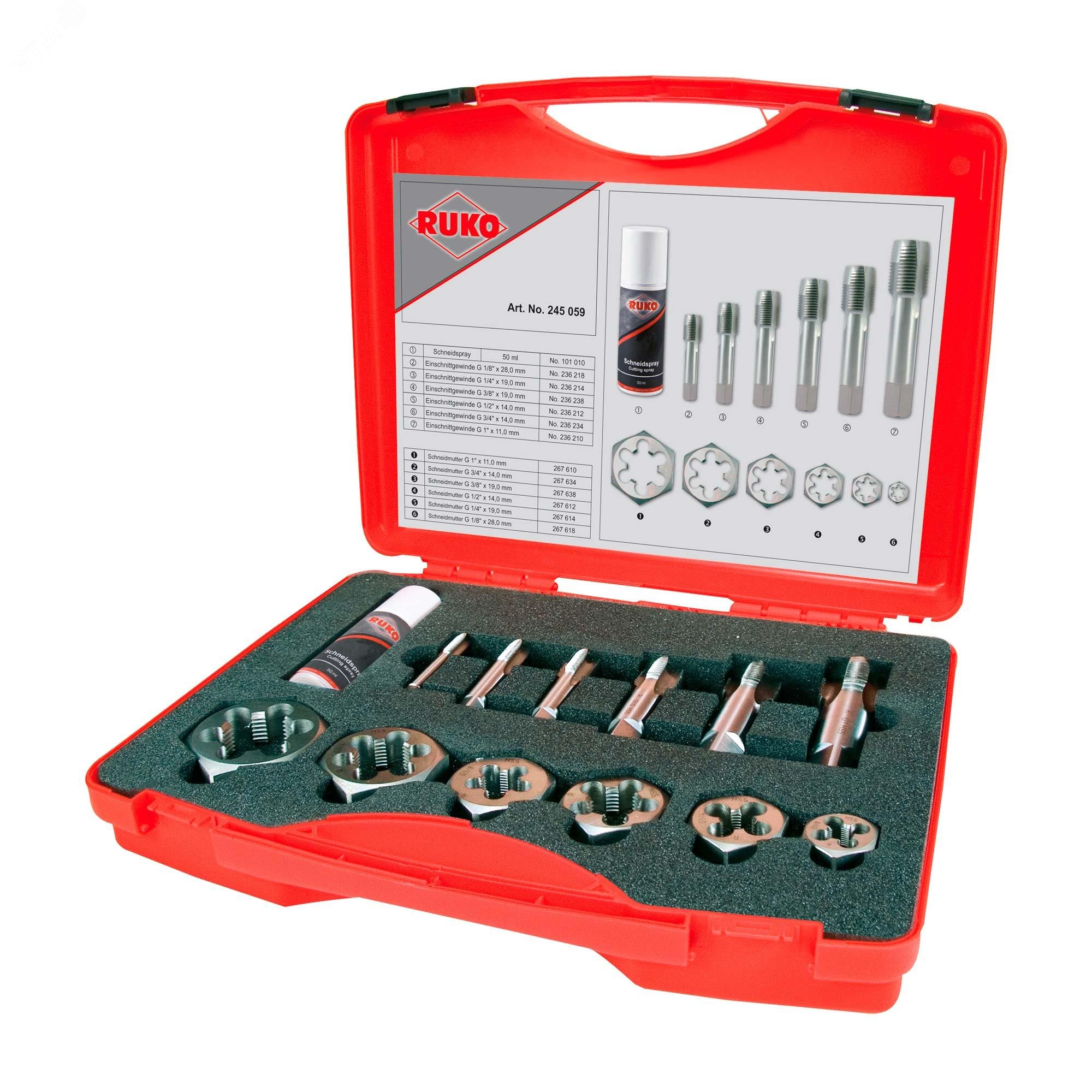 Изображение товара Набор метчиков и плашек G(BSP) 1/8"-1,0" HSS 13пр