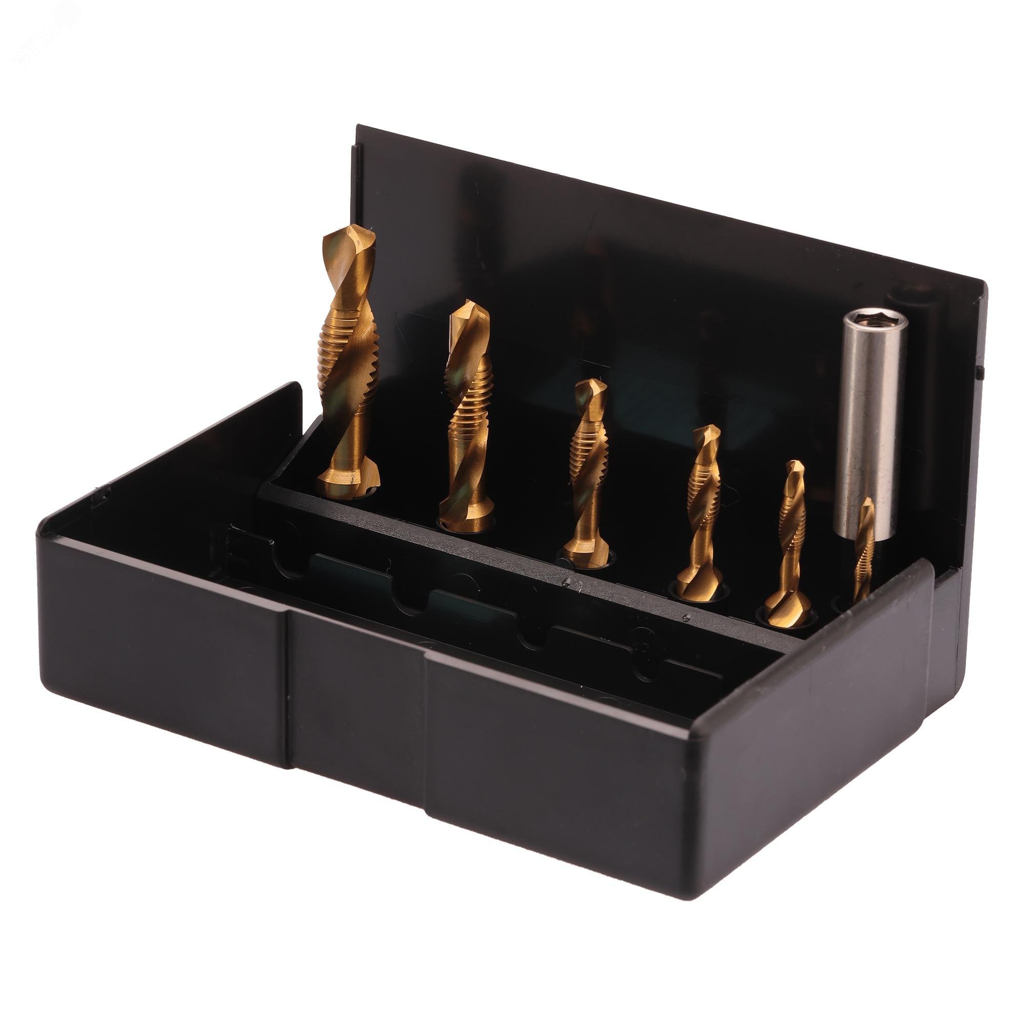 Изображение товара Набор метчиков для шуруповерта 3 в 1 M3-M10 HSS-TiN 7пр Volkel