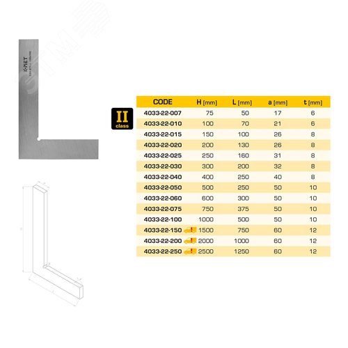 Изображение товара Угольник поверочный 150х100мм класс 2 тип УП DIN875 (шт)