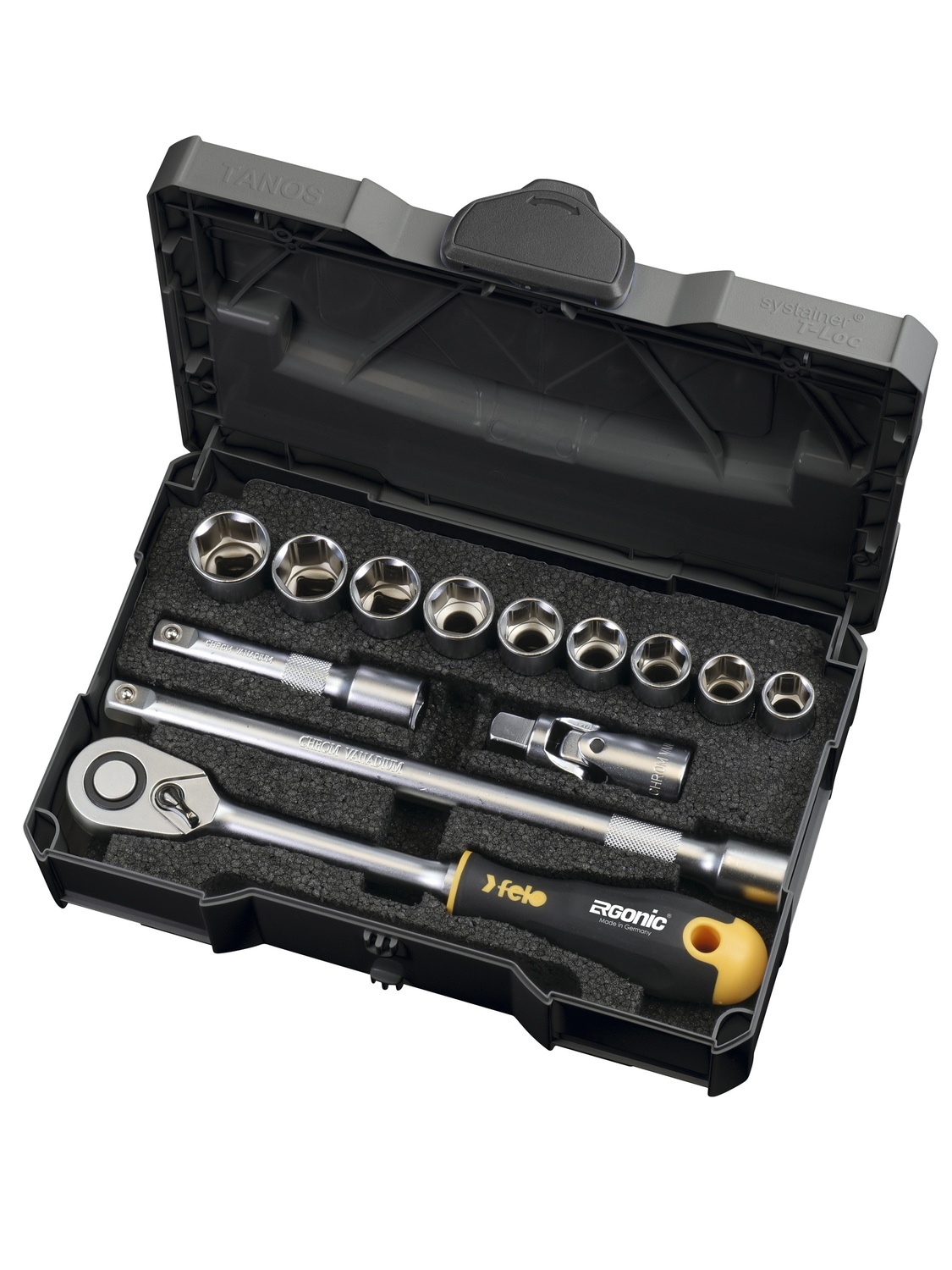 Набор метрических головок с удлиненной трещоткой Ergonic в кейсе, 13шт