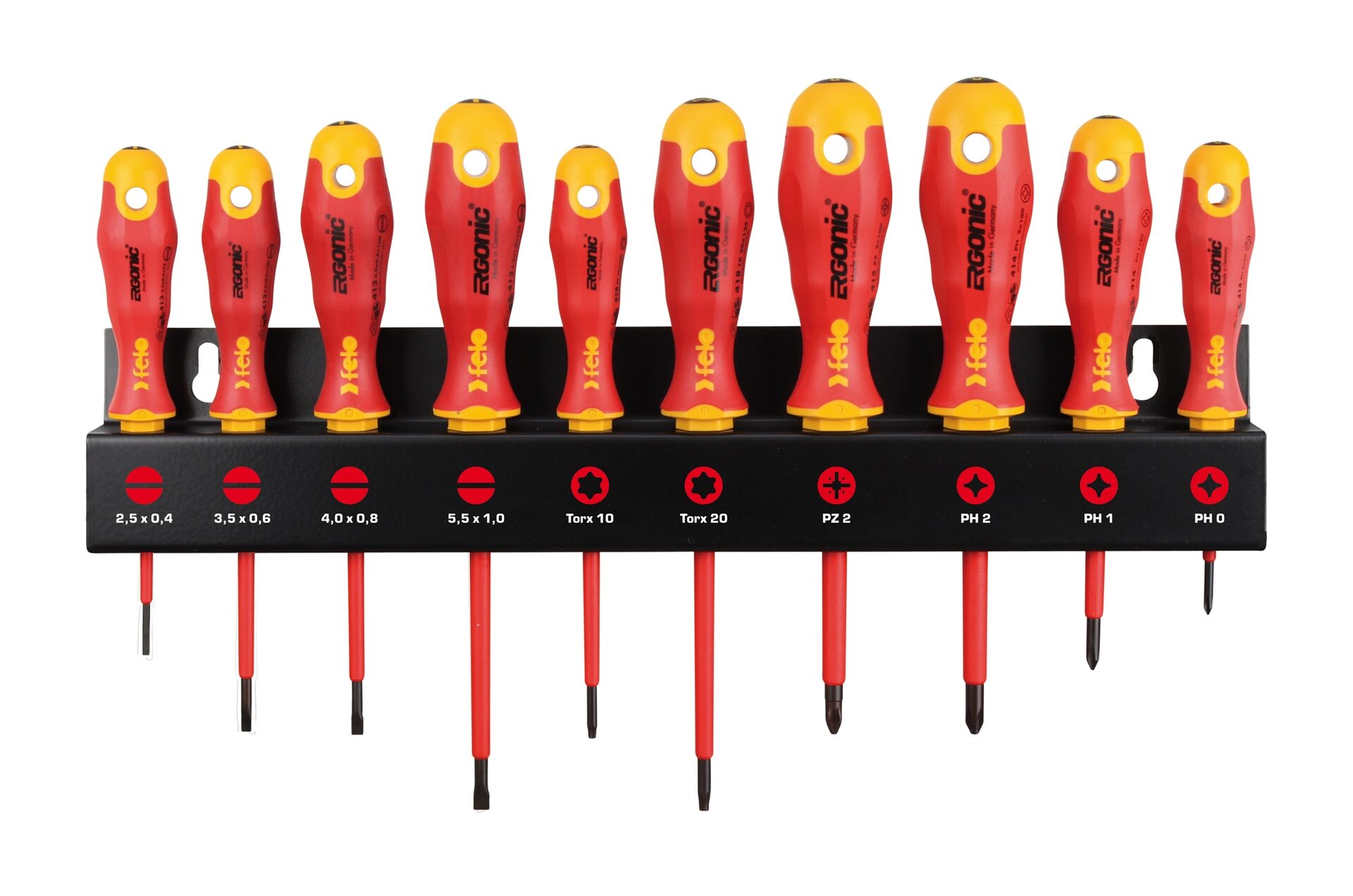 Набор отверток диэлектрических SL/PZ/PH/Tx Ergonic на стальной стойке, 10 шт