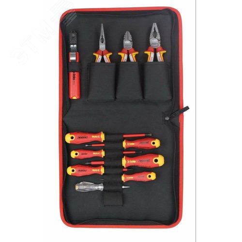 Изображение товара Набор диэлектрических отверток SL/PH/PZ E-Slim ERGONIC, бокорезов, плоскогубцев, длинногубцев, стриппера и отвертки тестера напряжения сети в сумке (шт)