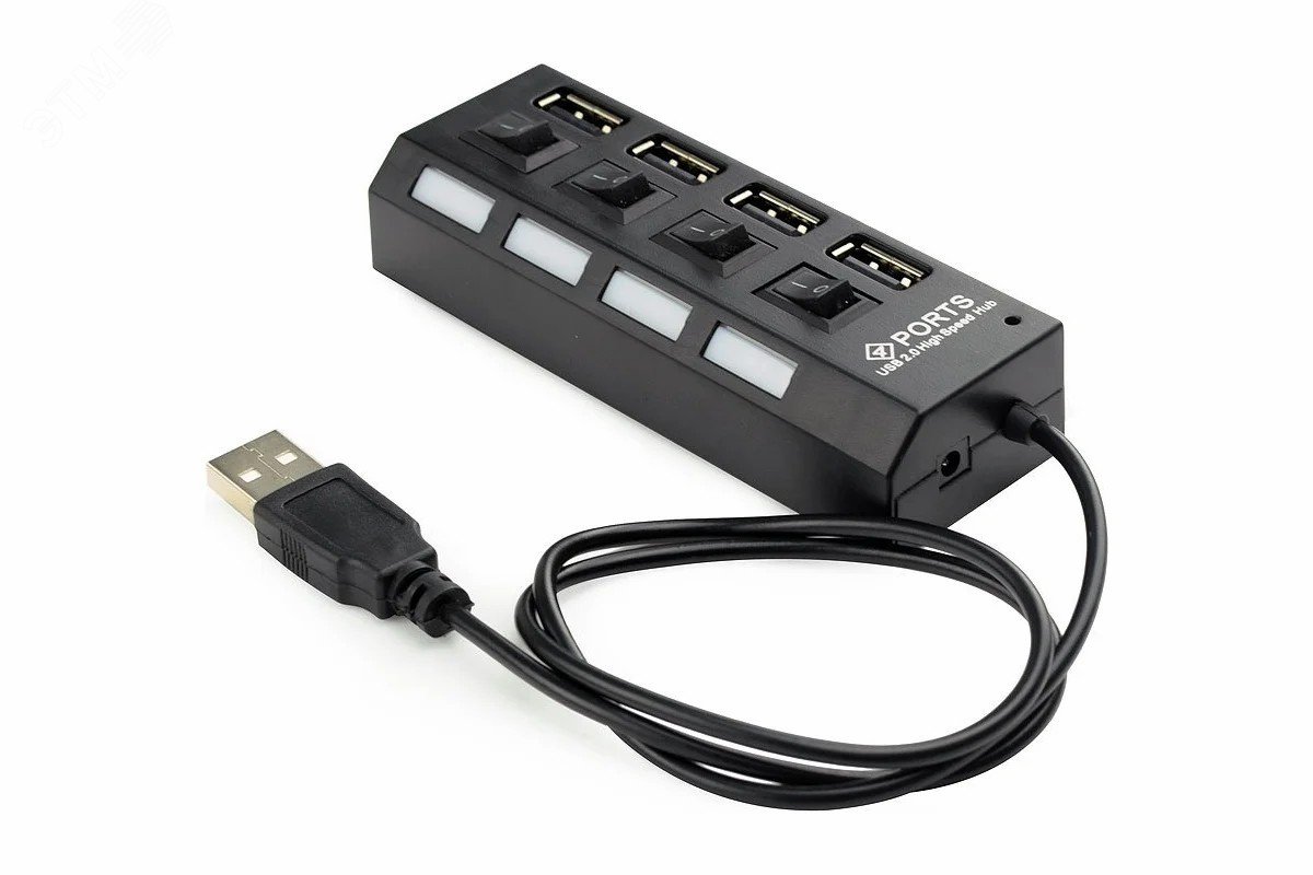 Изображение товара Разветвитель USB2.0 4хUSB, блок питания 2А, подсв и выкл, кабель USB 55см, черный (шт) Изображение товара Разветвитель USB2.0 4хUSB, блок питания 2А, подсв и выкл, кабель USB 55см, черный (шт)