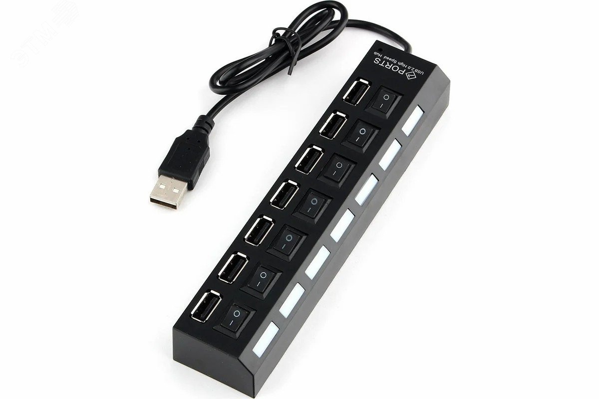 Изображение товара Разветвитель USB2.0 7хUSB, блок питания 2А, подсв и выкл, кабель USB 55см, черный (шт)