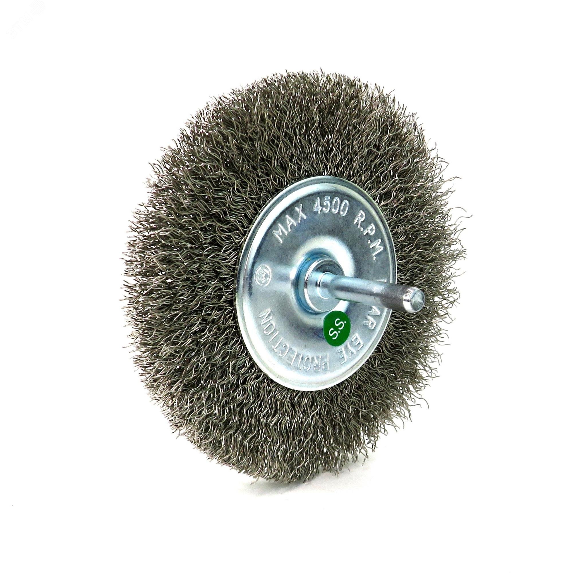 Изображение товара Щетка дисковая Д100x10 c хв-м д6x30, ворс гофр нерж сталь 0,30, до 4500 об/мин (13-174) (шт)