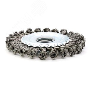 Изображение товара Щетка дисковая жгутовая Д125х22,2 для УШМ (болгарка), ворс нерж сталь 0,50 AISI 316 витая кордщетка по металлу для обработки цветных сплавов и нержавеющей стали (код 13-048) (шт)