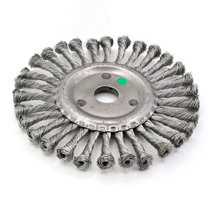 Изображение товара Щетка дисковая жгутовая Д175х22,2 для УШМ (болгарка), ворс нерж сталь 0,50 витая корщетка по металлу для обработки цветных сплавов и нержавеющей стали (код 13-033) (шт)