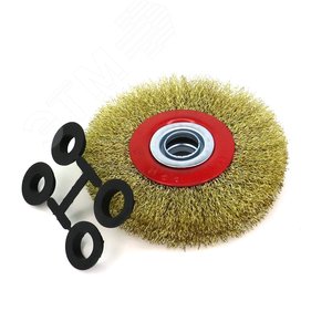 Изображение товара Щетка дисковая Д125х20х20 + адаптеры для станка, электроточила, точила, наждака, ворс лат сталь 0,30 гофр кордщетка по металлу для обработки стали, камня, дерева (код 13-067) (шт)