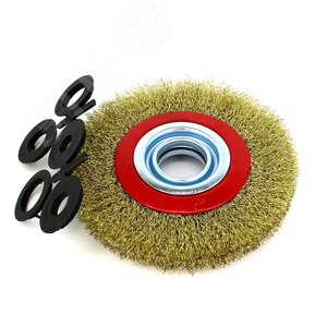 Изображение товара Щетка дисковая Д150х22х32 + адаптеры для станка, электроточила, точила, наждака, ворс лат сталь 0,30 гофр кордщетка по металлу для обработки стали, камня, дерева (код 13-068) (шт)