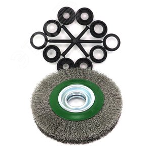 Изображение товара Щетка дисковая Д150х22х32 + адаптеры для станка, электроточила, точила, наждака, ворс нерж сталь 0,30 гофр кордщетка по металлу для обработки цветных сплавов и нержавеющей стали (код 13-063) (шт)