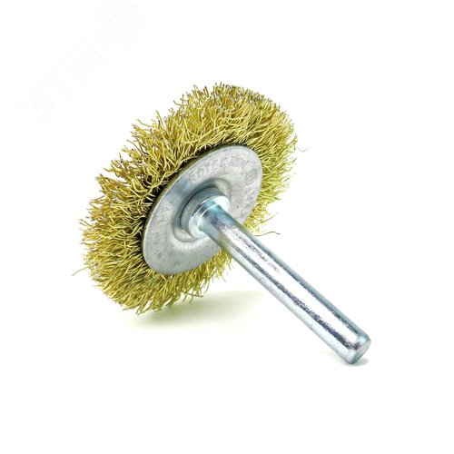 Изображение товара Щетка дисковая Д50x8 c хв-м д6x30, ворс гофр латунир-я сталь 0,30, до 4500 об/мин (13-176) (шт)