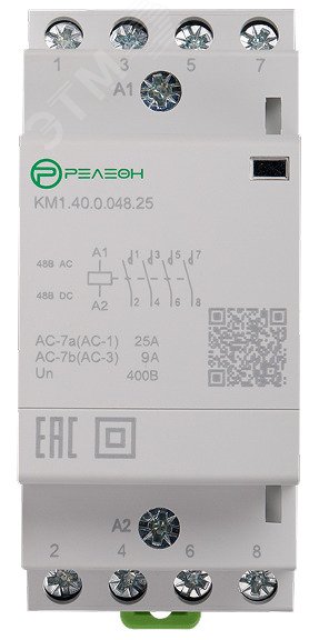 Изображение товара Модульный контактор 4НО 25А 48В AC/DC 250В Релеон KM1.40.0.048.25