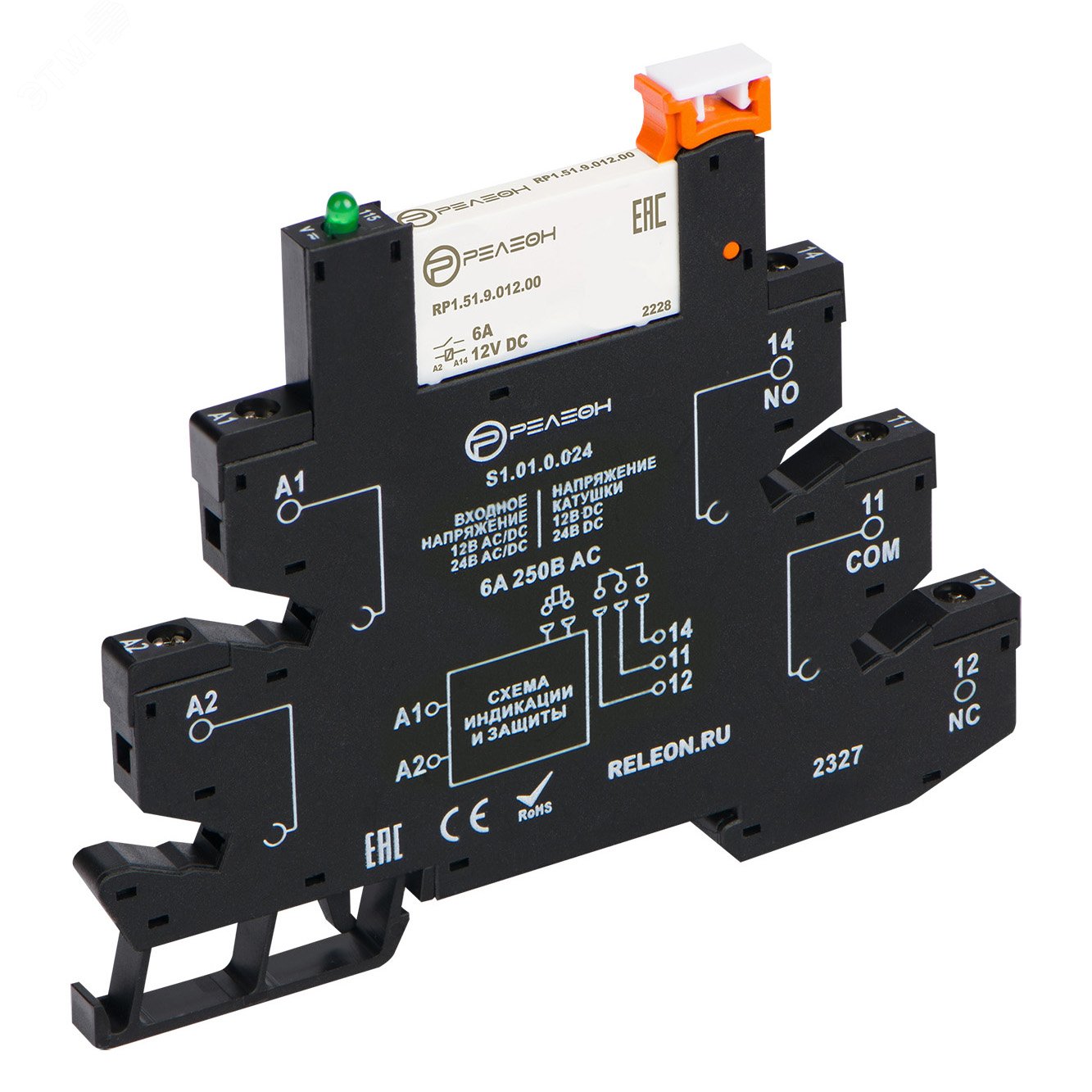 Изображение товара Интерфейсный модуль реле с одним перекидным контактом 6А 12В AC/DC на DIN-рейку