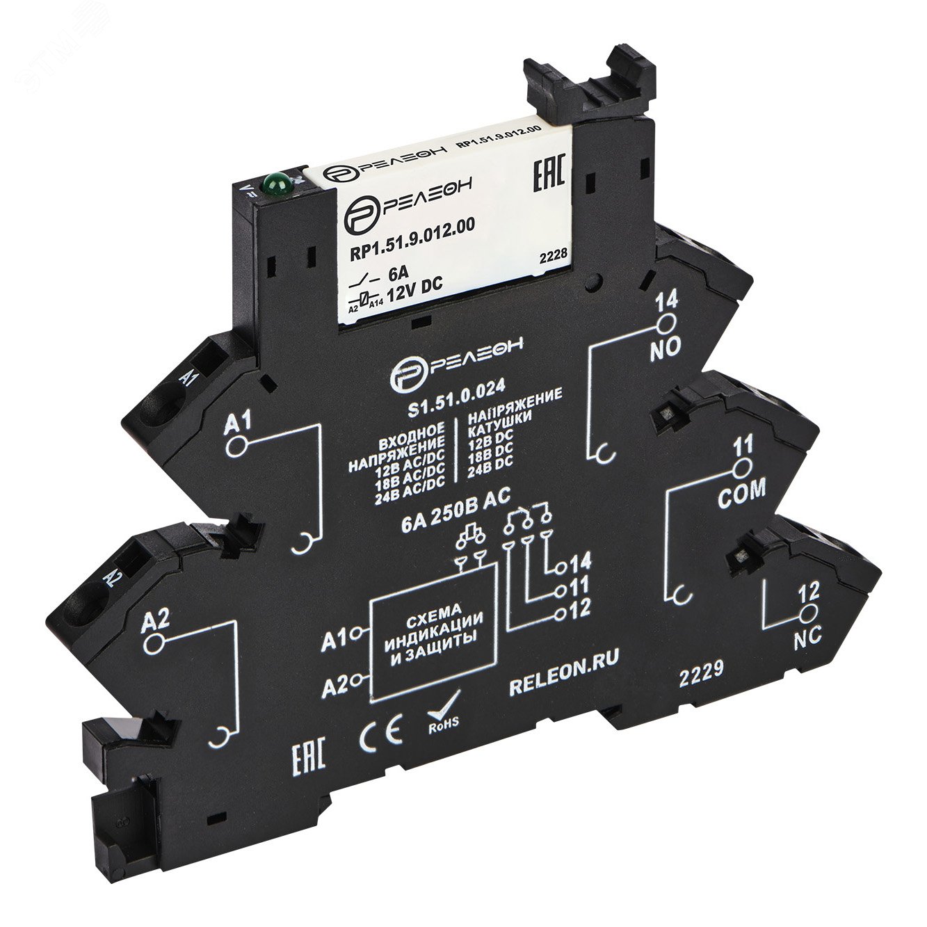 Изображение товара Модуль интерфейсный реле, 1 перекидной контакт 6А 12В AC/DC пружинные зажимы (шт)