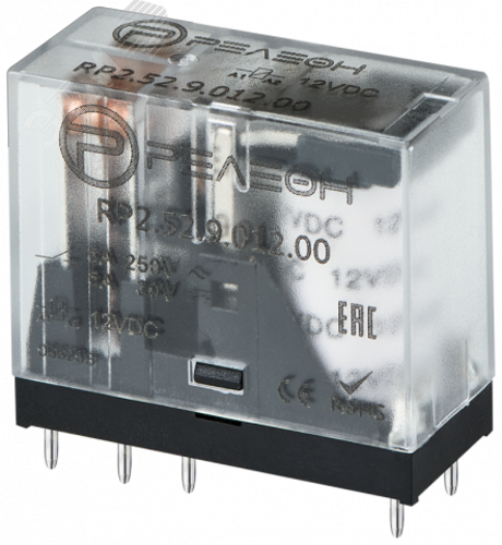 Изображение товара Миниатюрное промежуточное реле 2 перекидных контакта 5А 12В DC