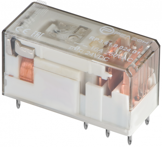 Изображение товара Низкопрофильное реле 1 перекидной контакт 16А 24В DC прозрачный корпус
