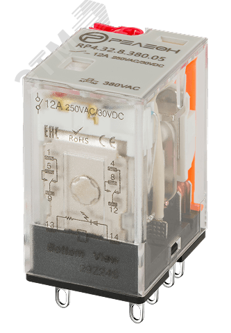 Изображение товара Промежуточное реле 2 перекидных контакта 12А 380В с блокируемой кнопкой и светодиодом