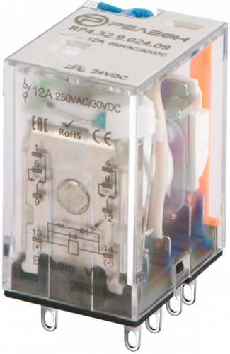 Изображение товара Промежуточное реле 2 перекидных контакта 12А 24В DC с кнопкой проверки и диодами