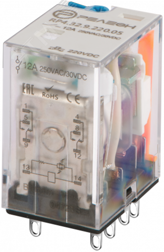Изображение товара Промежуточное реле с 2 перекидными контактами 12А 220В DC блокируемая кнопка проверки