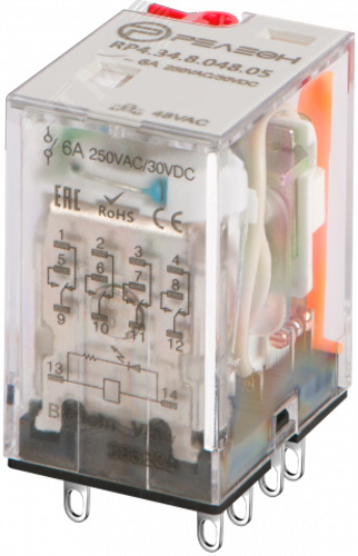 Изображение товара Промежуточное реле 4 перекидных контакта 6А 48В AC блокируемая кнопка проверки светодиод