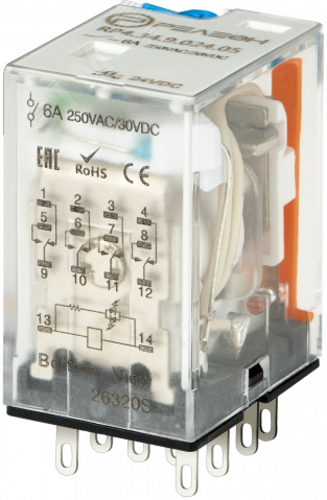 Изображение товара Промежуточное реле 4 перекидных контакта 6А 48В DC IP50 светодиод блокируемая кнопка