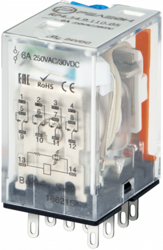 Изображение товара Промежуточное реле с 4 перекидными контактами 110В DC блокируемая кнопка проверки