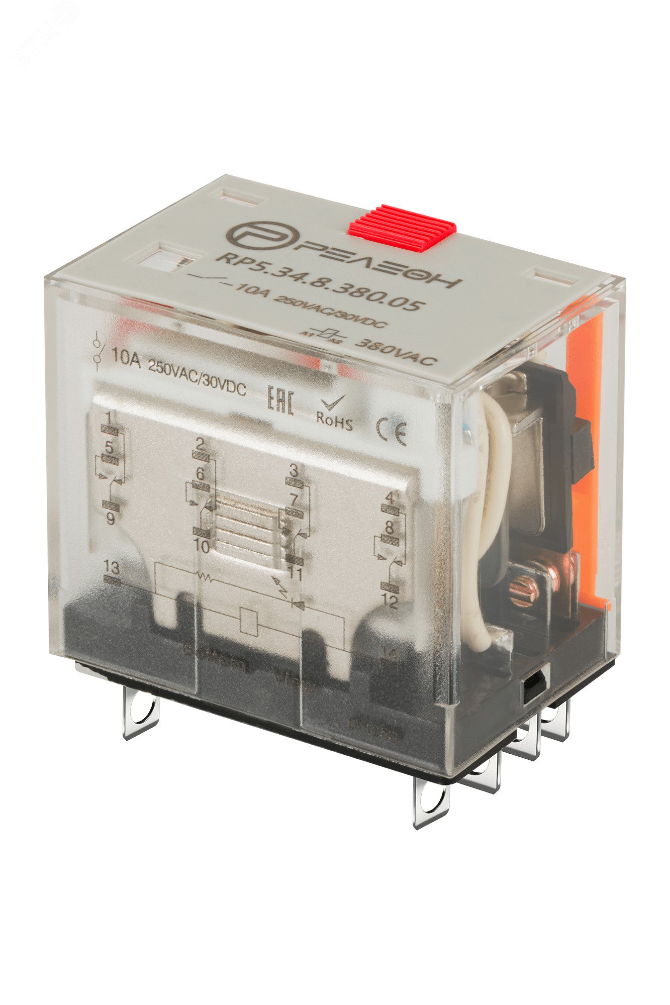 Изображение товара Миниатюрное силовое реле 4 перекидных контакта 10А 380В AC с LED индикатором и кнопкой проверки