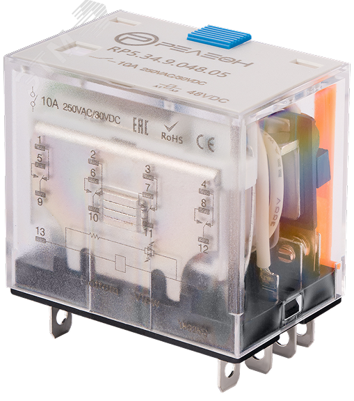 Изображение товара Миниатюрное силовое реле 4 перекидных контакта 10А 48В DC с индикатором и кнопкой проверки