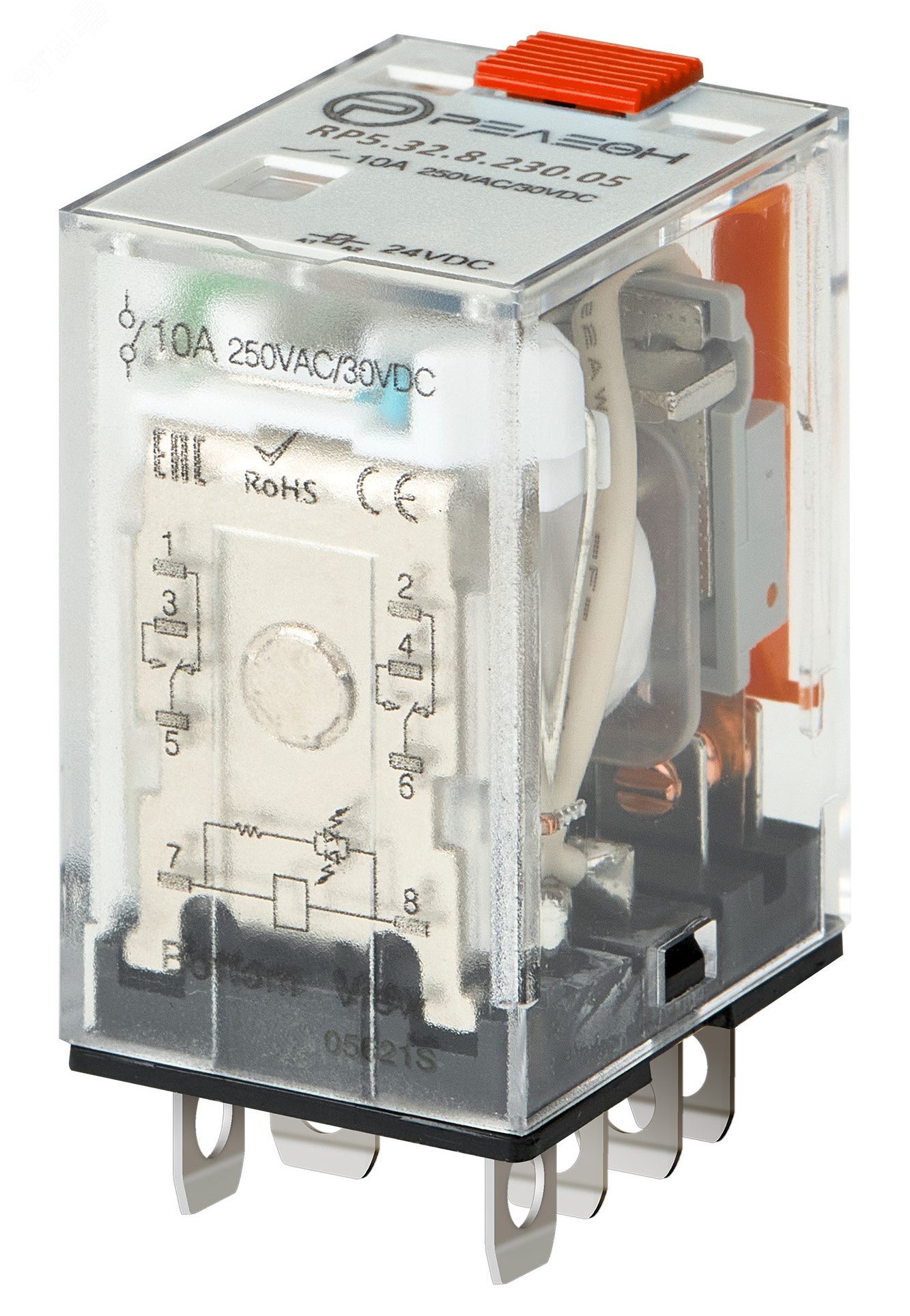 Изображение товара Миниатюрное силовое реле, 2 перекидных контакта 10А (24В AC) блокируемая кнопка проверки + светодиод (шт) Изображение товара Миниатюрное силовое реле, 2 перекидных контакта 10А (24В AC) блокируемая кнопка проверки + светодиод (шт)