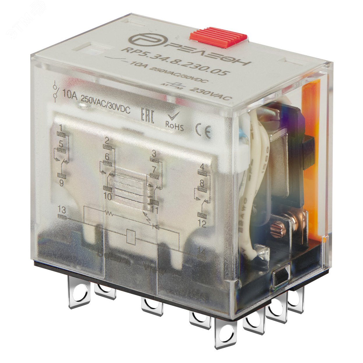 Изображение товара Миниатюрное силовое реле 4 перекидных контакта 10А 230В AC с блокируемой кнопкой проверки светодиод