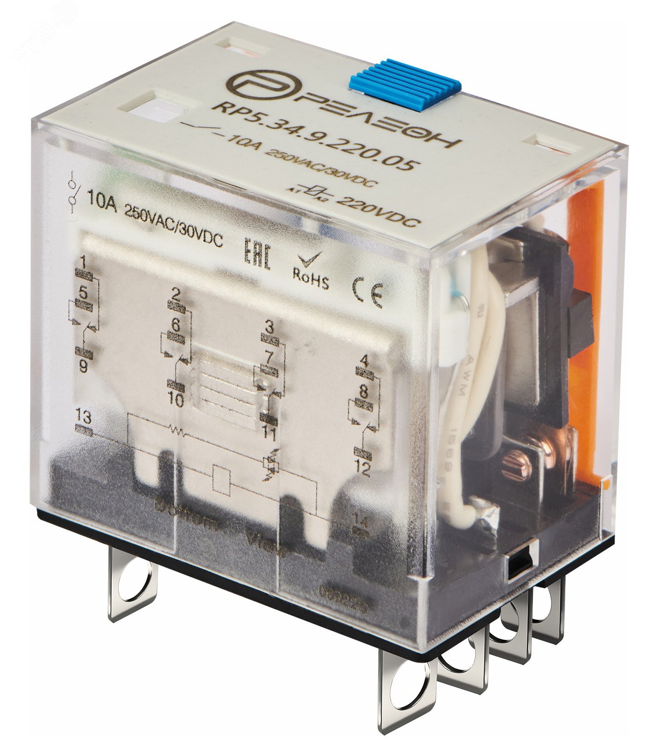 Изображение товара Миниатюрное силовое реле с 4 перекидными контактами 10А 220В DC блокируемая кнопка и светодиод