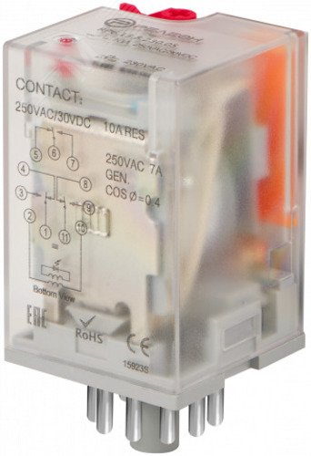 Изображение товара Универсальное реле с 3 перекидными контактами 10А 230В AC 11 штырьковое