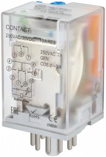 Изображение товара Универсальное реле 3 перекидных контакта 24 В DC 11 штырьков Релеон