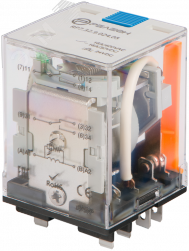 Изображение товара Силовое реле 2 переключающих контакта 16А 24В DC блокируемая кнопка светодиод