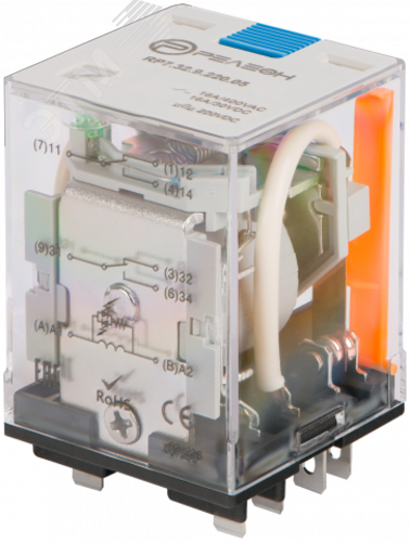 Изображение товара Силовое реле 2 переключающих контакта 16А 220В DC блокируемая кнопка светодиод