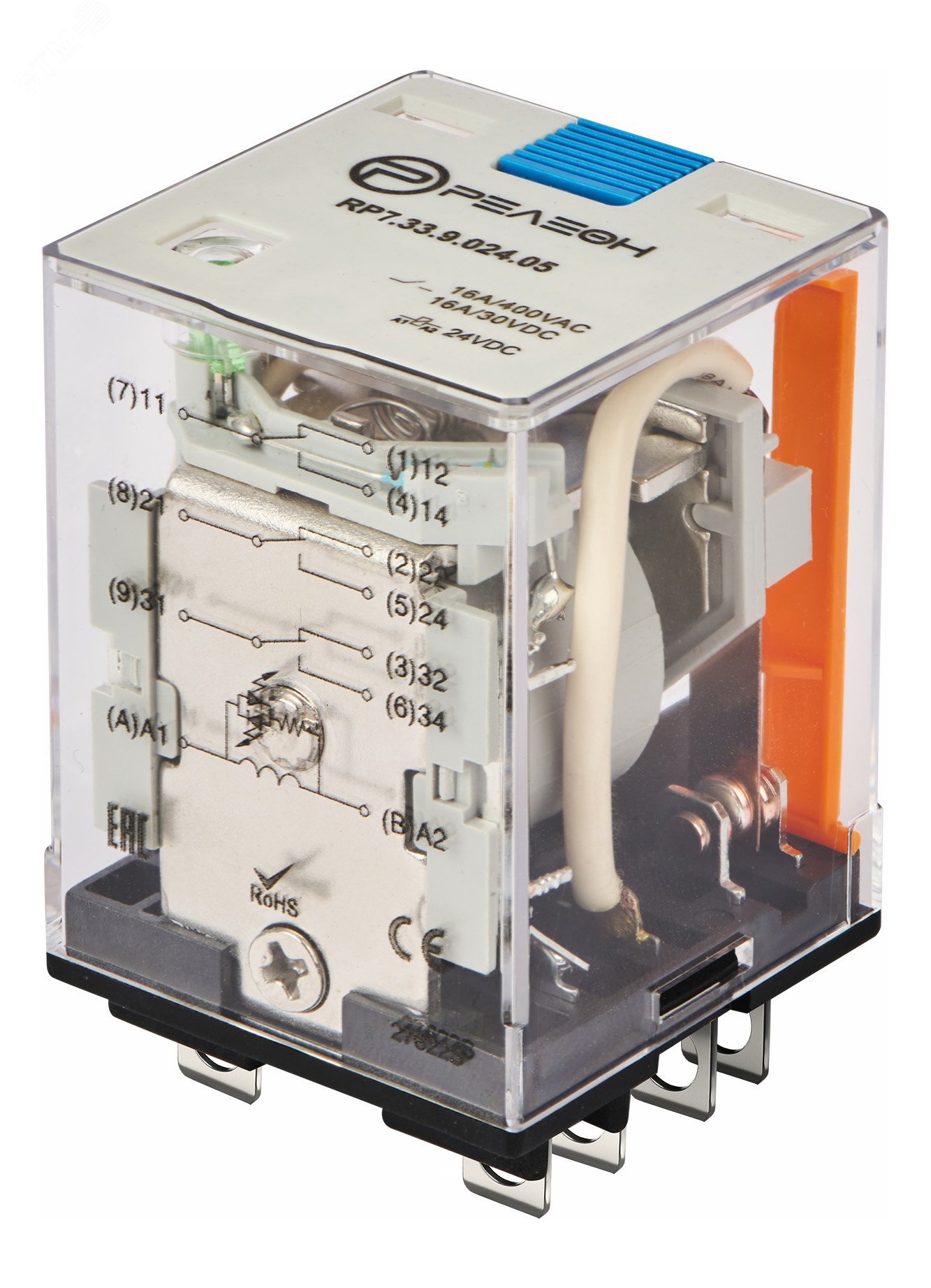 Изображение товара Силовое реле 3 переключающих контакта 16А 24В DC с блокируемой кнопкой и светодиодом