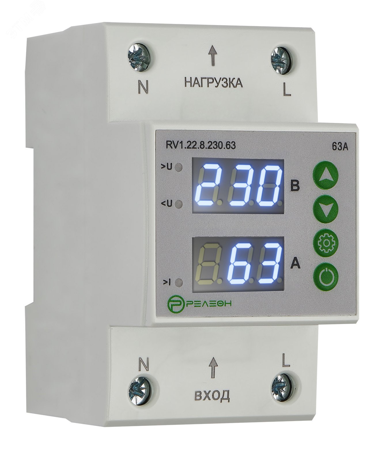 Изображение товара Реле контроля напряжения и тока с разрывом нейтрали 230 В 63 А для DIN-рейки RЭLEON RV122823063