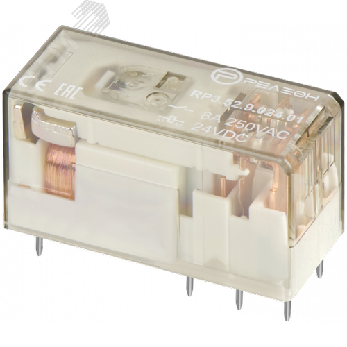 Изображение товара Низкопрофильное реле, 2 перекидных контакта 8А, 24В DC, - герметичное, прозрачный корпус (шт)