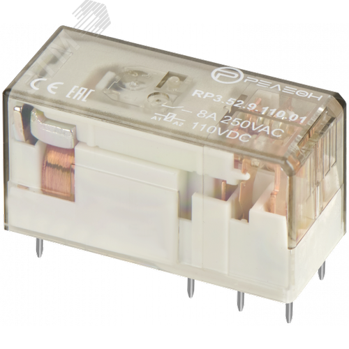 Изображение товара Низкопрофильное реле, 2 перекидных контакта 8А, 110В DC, - герметичное, прозрачный корпус (шт)