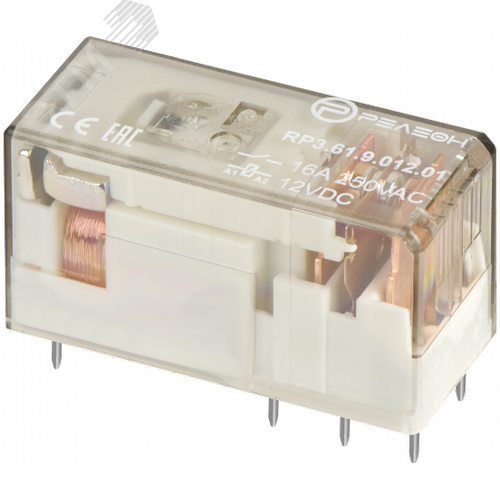 Изображение товара Низкопрофильное реле, 1 перекидной контакт 16А, 12В DC, прозрачный корпус (шт)
