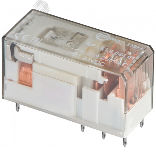 Изображение товара Низкопрофильное реле, 1 перекидной контакт 16А, 24В DC, прозрачный корпус (шт)