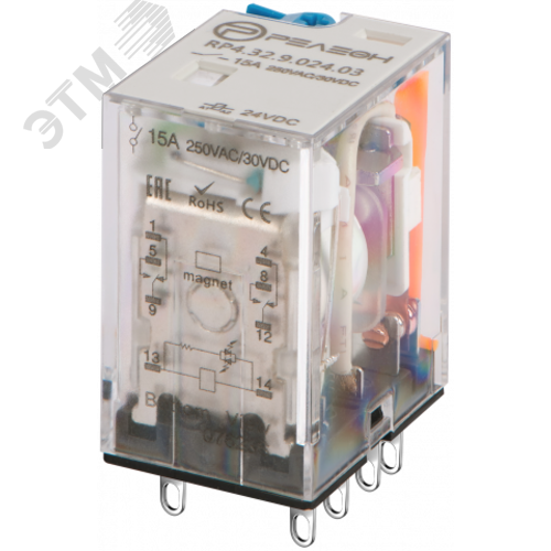 Изображение товара Промежуточное реле с магнитным гашением дуги, 2 перекидных контакта 15А (24В DC) блокируемая кнопка проверки, светодиод (шт)