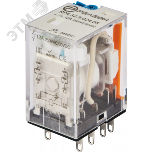Изображение товара Промежуточное реле, 2 перекидных контакта, 6А, 24В DC, блокируемая кнопка проверки + светодиод (шт)